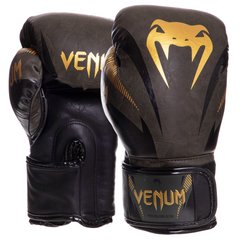 Перчатки боксерские кожаные на липучке VENUM IMPACT VN03284-230 (р-р 10-14oz, хаки-золотой)