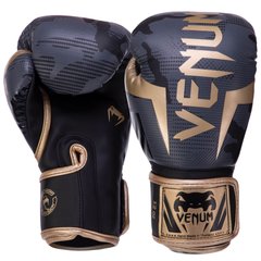 Перчатки боксерские кожаные на липучке VENUM ELITE BOXING VN1392-535 CAMO/GOLD (кожа, р-р 10-16oz, камуфляж)